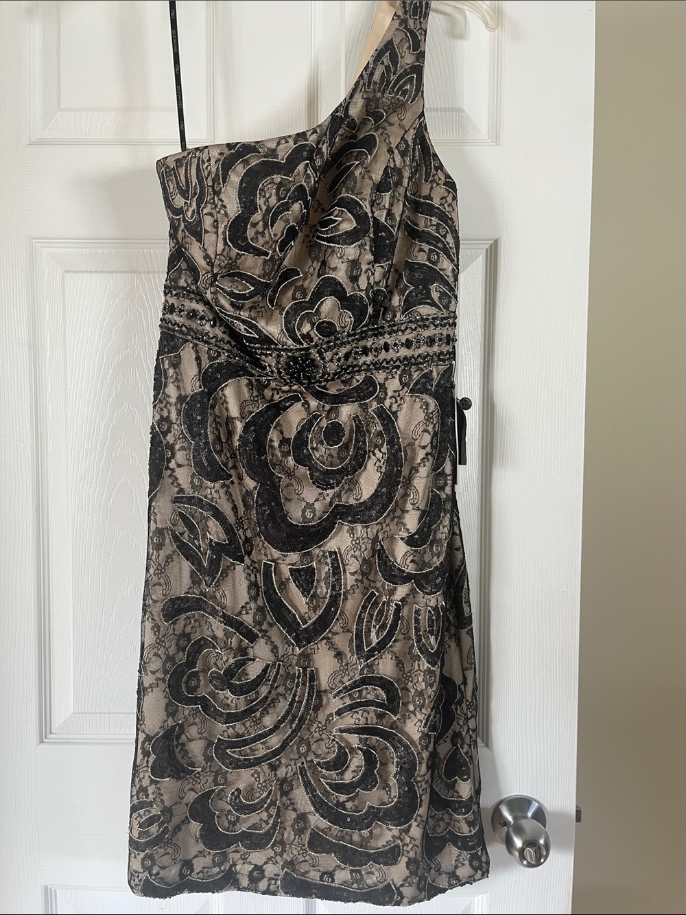 Sue Wong One-Shoulder Black and Taupe Lace Cocktail Dress